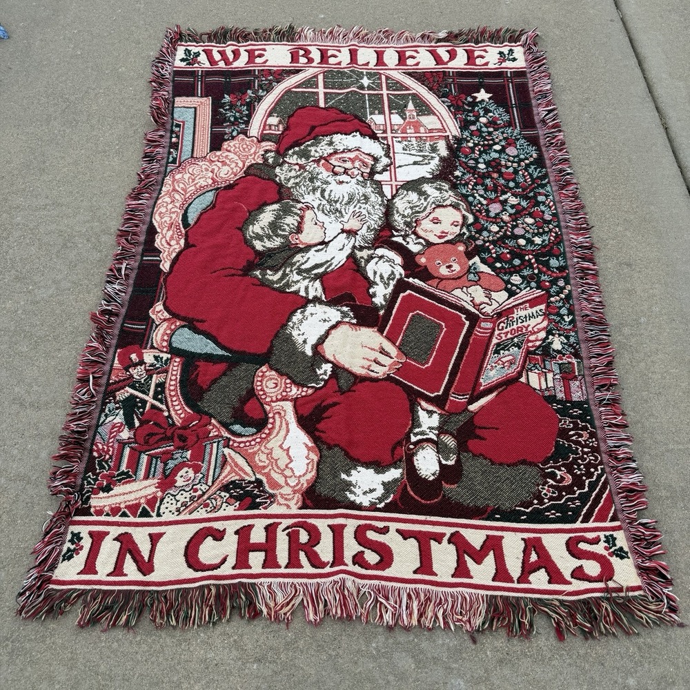 Vintage 90s Fieldcrest "We Believe in Christmas" Woven Tapestry Blanket 40x62.5